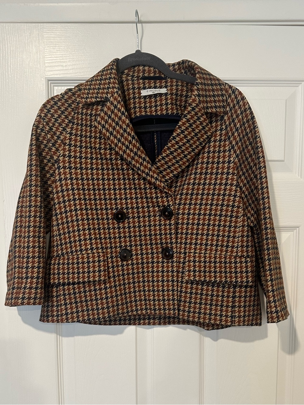 Short Double-Breasted Houndstooth Jacket in Brown size 40 xs/s
